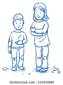 Poor orphans or refugee children, girl and boy, looking sad, hoping or begging for food or warm clothing. Hand drawn cartoon doodle vector illustration.