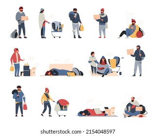Poor people. Cartoon dirty distressed men women and kids begging for money food and help on street. Vector person of poverty isolated set. Bums in ragged clothing sleeping on street
