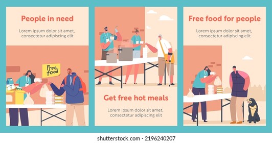 Poor People Getting Warm Food Cartoon Banners, Volunteers Distribute Free Meals at Shelter Helping Bums, Refugees, Beggars or Homeless Characters, Emergency Housing. Vector Illustration, Posters