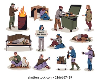 Poor people. Homeless male and female characters, hungry depressive persons, living low standard, needing help, begging money men and women, bums and hobos stray tidy vector isolated set