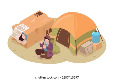 Poor People Sleeping And Eating At Camp For Homeless 3d Isometric Vector Illustration