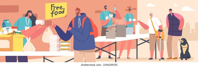Poor People Stand in Queue for Getting Warm Food, Volunteers Distribute Free Meals at Shelter Helping Bums, Refugees, Beggars or Homeless Characters, Emergency Housing. Cartoon Vector Illustration