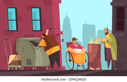 Poor people surviving winter on city streets searching for food in garbage can flat banner vector illustration