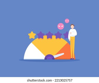 Poor Performance And Bad Reputation. Customer Reviews And Low Ratings. A Businessman Is Sad Because His Business Gets One Star. Unsatisfactory Service. Illustration Concept Design. Graphic Elements