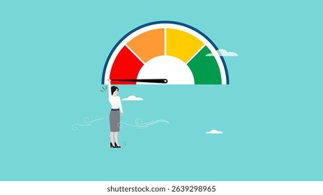 poor performance employee with woman office worker hanging on the needle measuring low performance, bad rating evaluation, laziness in improving the quality of performance