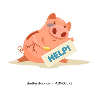 Poor piggy bank. Vector flat cartoon illustration