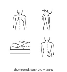 Poor posture problems linear icons set. Normal spine. Slouching. Side-lying sleeping position. Customizable thin line contour symbols. Isolated vector outline illustrations. Editable stroke