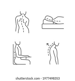 Poor posture problems linear icons set. Scoliosis. Sleeping with head elevated. Sideways curve. Customizable thin line contour symbols. Isolated vector outline illustrations. Editable stroke