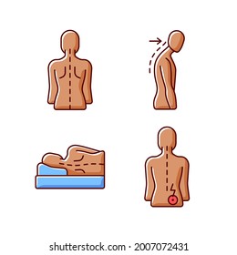 Poor posture problems RGB color icons set. Normal spine. Slouching. Side-lying sleeping position. Hip pain. Good spinal anatomy. Forward head. Pain-free sleep. Isolated vector illustrations