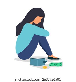 Poor or poverty concept. Financial problem. Trouble to pay loan, bankruptcy or unemployment concept. Broke woman sitting with wallet.