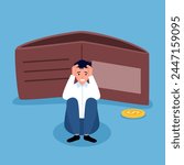 Poor or poverty with empty wallet. Financial problem. Trouble to pay loan, bankruptcy or unemployment concept. Broke businessman sitting with empty wallet.