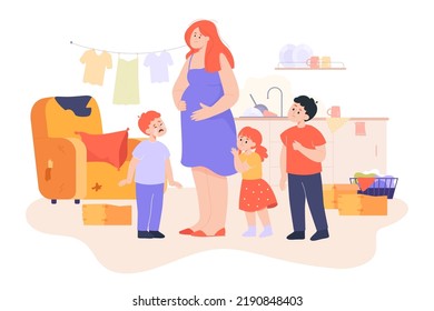 Poor pregnant woman with crying kids. Single expecting mother standing in untidy house, surrounded by her daughter and sons, having financial problems flat vector illustration. Depression concept