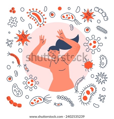 Poor protection against viruses and bacteria. The weak immune system. A woman is not protected from viruses, germs, and bacteria. Vector flat illustration on the white background. 