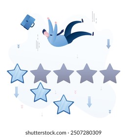 Poor rating, an unskilled businessman falling with stars of rating. Low rank, poor product quality or service. Feedback, bad reviews. Entrepreneur loser. poor employee performance, vector illustration