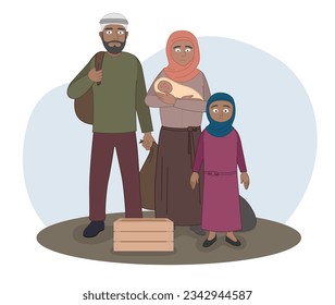 Poor refugee family. Woman with child. Displaced people. People being evacuated. Vector illustration concept.