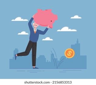 Poor retiree concept. Elderly character with piggy bank chasing coin. Improper distribution of funds and small pension. Sad man waiting for support from state. Cartoon flat vector illustration