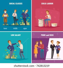 Poor And Rich 2x2 Design Concept With Social Classes Low Salary Child Labour Flat Square Icons Cartoon Vector Illustration