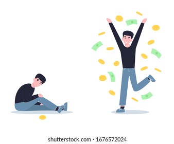 Poor and rich man. Broke and wealth character. Money rain concept. Flat vector cartoon modern illustration isolated white background.