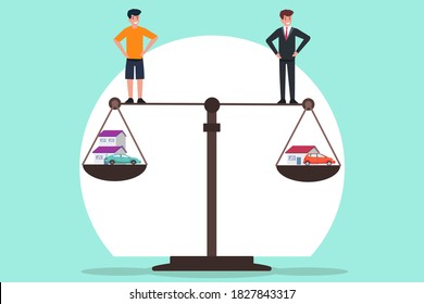 Poor and rich man style vector concept: Poor and rich man standing on the scale with different looks style