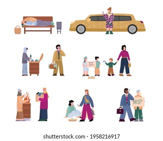Poor and rich people. Homeless beggars man, woman and kids begging money from the wealth persons. Social inequality concept. Flat cartoon vector illustration isolated on white.
