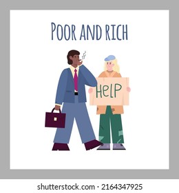 Poor And Rich People Social Gap And Division Of Society Banner Or Poster Concept, Flat Vector Illustration. Banner For Charity Fund And Helping The Poor.