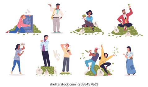 Poor and rich people. Wealthy and poverty concept, cash money save finance income salary difference wage compare millionaire businessman or beggar worker classy vector illustration original artwork