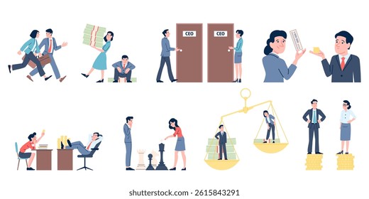 Poor and rich. Salary gap and gender equality at work. Male female career opportunities, financial discrimination and inequality, recent vector scenes