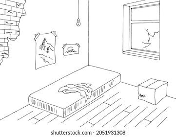 Poor room graphic black white empty home interior sketch illustration vector