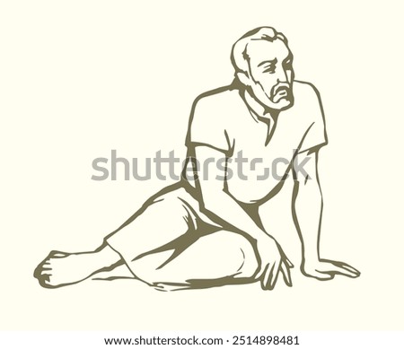 Poor rural guy rest need old white Asian eastern robe dress cloth look paly down. 2 Worry sad upset Jew rest seat relax ground street floor dream God hope retro hand drawn Islam faith biblic story art
