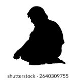 Poor rural guy rest white Asian eastern robe dress cloth look down job.  Worry sad upset Jew seat street relax wait God put lot hope retro hand drawn past age Islam arab biblic story art sketch symbol