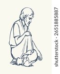 Poor rural guy rest white Asian eastern robe dress cloth look down job.  Worry sad upset Jew seat street relax wait God put lot hope retro hand drawn past age Islam arab biblic story art sketch symbol