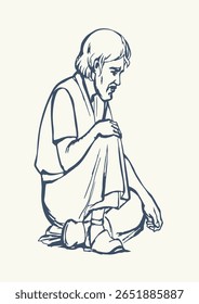 Poor rural guy rest white Asian eastern robe dress cloth look down job.  Worry sad upset Jew seat street relax wait God put lot hope retro hand drawn past age Islam arab biblic story art sketch symbol