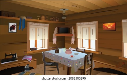 Poor russian room inside vector room interior with table, windows, tv, lamp, scene illustration.