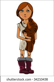 Poor sad little girl in big rubber boots with teddy bear in hand