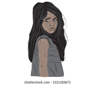 Poor and Sad looking girl child portrait illustration ready to use in white background. Poor Asian female child with dirty cloth wearing.