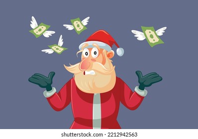 
Poor Santa Claus Looking at Money Flying Vector Cartoon Illustration. Unhappy man wearing Santa costume losing all his finances 
