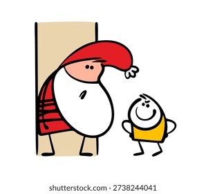 Poor Santa Claus is trapped. Vector illustration of a child tied a fairy-tale character to a tree, demanding gifts for Christmas and new year. Winter holidays celebration.