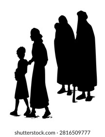 Poor saudi guy cry ask god give eat meal gone cast out leave belief pray sad worry unhappy jew maid slave sky scene. Hand drawn hebrew girl walk exile dry israeli desert land carry water skin sack bread food bag retro age believ story line art sketch