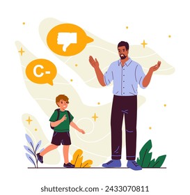 Poor school performance concept. Man near kid with bad mark. Unsuccessful student and preschooler. Education and learning. Cartoon flat vector illustration isolated on white background