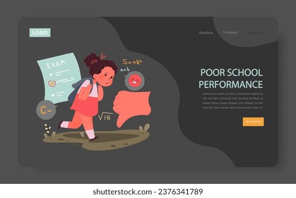 Poor school performance nighmode or darkmode web banner or landing page. Sad neglected little girl holding a backpack with bad grades. Absence or lack of parental interest. Flat vector illustration