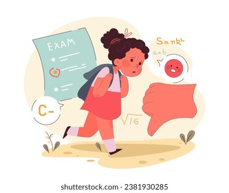 Escaso rendimiento escolar. Niña triste sosteniendo una mochila con malas notas. Niño abandonado. Ausencia y falta de participación del padre, falta de capacidad de respuesta de los padres hacia un niño. Ilustración vectorial plana