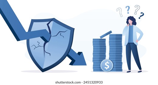 Poor security, falling graph arrow broke shield. Bad defense, security. Protection system penetrated or breached. Hacker attacks. Loss money, economic crisis. Loser, woman investor bankrupt. vector