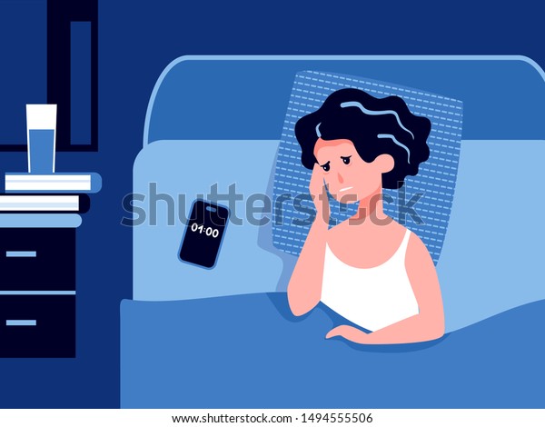 貧しい眠い女性は不眠症に苦しみ 眠ろうとする 疲れた顔 ストレス うつ病 悪夢の問題 生物リズムの乱れ 不眠のコンセプト 平らなベクターイラスト のベクター画像素材 ロイヤリティフリー
