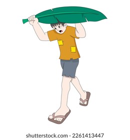 a poor and slum boy is using a banana leaf as an umbrella. vector design illustration art