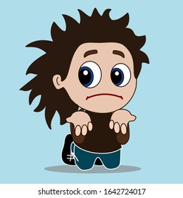 poor sorry boy that is standing on his knees and begging for help or mercy or asking for forgiveness w. stretched palms and upset and miserable expression on his face w. pulled down lip corners