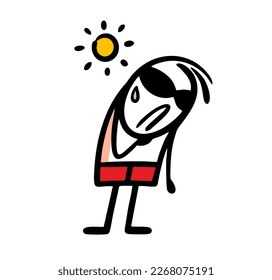 El pobre personaje de la figura del palo en los baúles rojos de natación sufre de calor bajo el sol caliente. Ilustración vectorial de stickman en la playa en vacaciones.