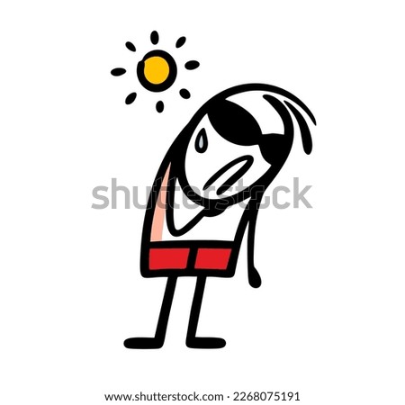 Poor stick  figure character in red swimming trunks suffers from heat under the hot sun. Vector illustration of stickman on the beach on holidays.