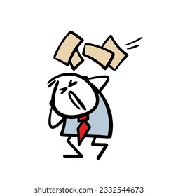 Poor stickman closed ears and eyes escapes of sheets of paper falling down on his head. Vector illustration of sad businessman at additional work. Cartoon stick man character isolated 