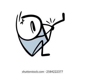 Poor Stickman fell and got injured. Vector illustration of a child sitting on the ground and holding onto a bruised leg. Fracture or dislocation of   limb. Isolated funny character on white.