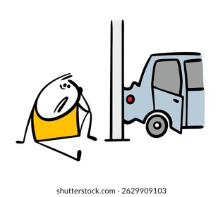 Poor stickman got into an accident, crashed into a pole by the roadside and crashed the car. Vector illustration of a sad man sitting on the ground, injured.